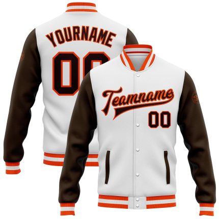 Custom Two Tone Bomber Varsity Jacket for Men - Brown and Orange Full-Snap Letterman Jacket Custom White Brown-Orange Bomber