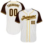 Custom brown, gold and white pinstripe raglan sleeve baseball jersey