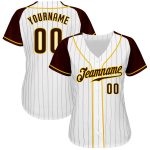 Custom brown, gold and white pinstripe raglan sleeve baseball jersey, back view