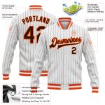 Custom Brown-Orange Pinstripe Bomber Jacket Full-Snap Varsity Letterman Jacket Custom White Brown Pinstripe Brown-Orange