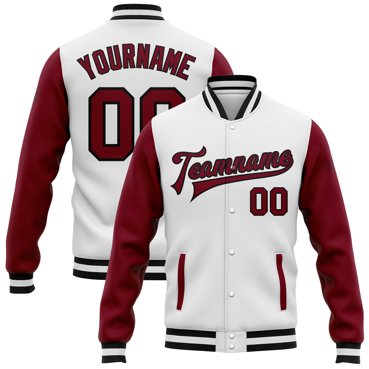 Custom Varsity Letterman Two Tone Bomber Jacket - White Crimson Black Full-Snap Design Custom White Crimson-Black Bomber