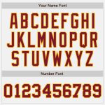 Custom crimson and gold two-tone varsity letterman jacket, flat lay