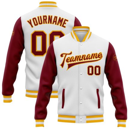 Custom crimson and gold two-tone varsity letterman jacket