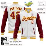 Custom crimson and gold two-tone varsity letterman jacket, detail of the printed panel