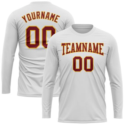 Custom Long Sleeve Performance T-Shirt in White Crimson-Gold - Ideal for Sports and Everyday Wear Custom White Crimson-Gold