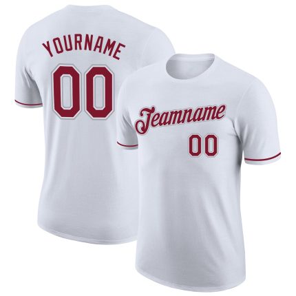 Custom Performance T-Shirt in White Crimson-Gray Color - High Quality Activewear for Men and Women Custom White Crimson-Gray