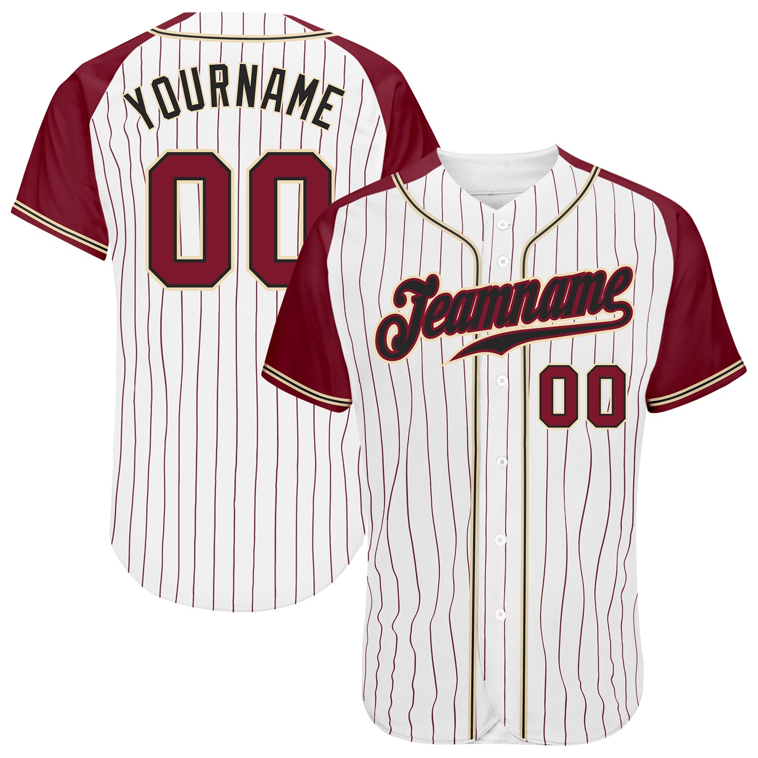 Custom Crimson White Pinstripe Baseball Jersey with Authentic Raglan Sleeves - Cream Design Custom White Crimson Pinstripe