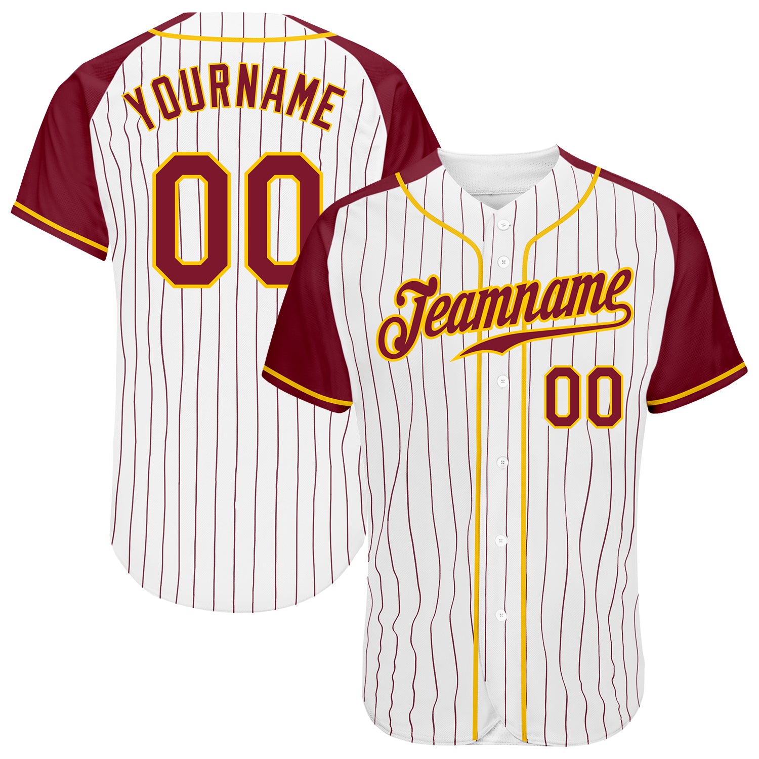 Custom White Crimson Pinstripe Crimson-Gold Authentic Raglan Sleeves Baseball Jersey Custom Crimson Gold Pinstripe Baseball Jersey Authentic Raglan Sleeves Custom White Crimson Pinstripe Crimson-Gold Authentic