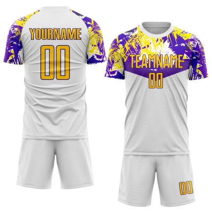 Purple Sublimation Soccer Jersey - Custom White Gold Uniform Design Custom White Gold-Purple Sublimation Soccer Uniform Jersey