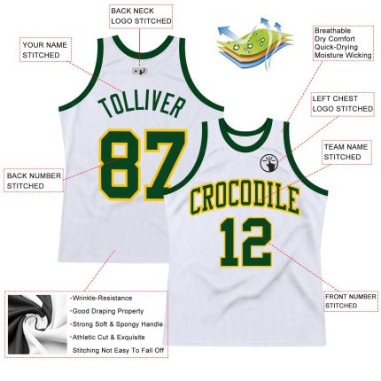 Custom Green-Gold Authentic Basketball Jersey - White Throwback Design Custom White Green-Gold Authentic Throwback Basketball