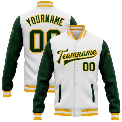 Custom Bomber Jacket Gold Green Two Tone Varsity Letterman Full-Snap Design Custom White Green-Gold Bomber Full-Snap Varsity