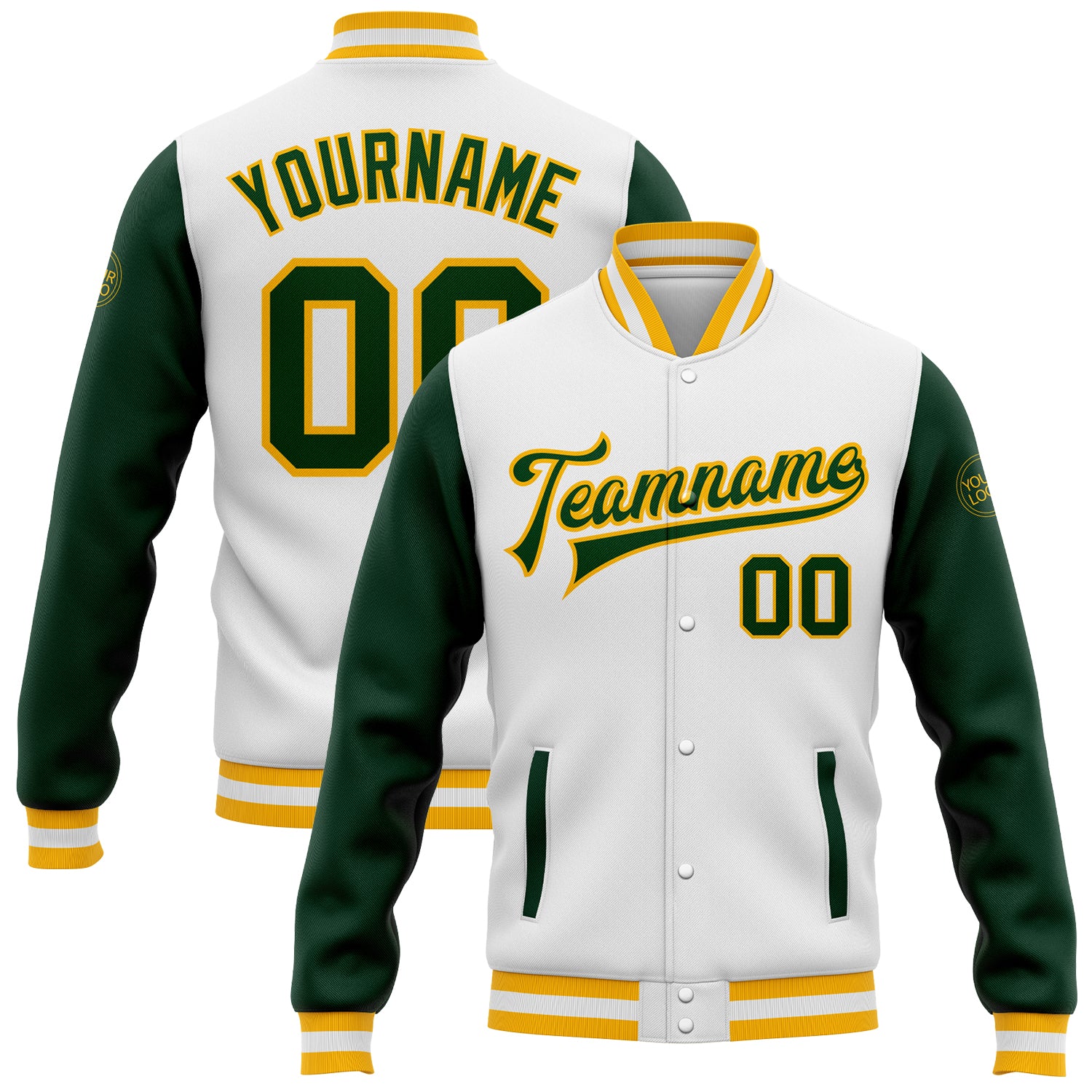 Custom Bomber Jacket Gold Green Two Tone Varsity Letterman Full-Snap Design Custom White Green-Gold Bomber Full-Snap Varsity
