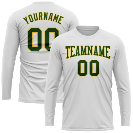 Custom Long Sleeve Performance T-Shirt in White Green Gold - Lightweight Athletic Tee Custom White Green-Gold Long Sleeve