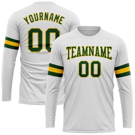 Custom Long Sleeve Performance T-Shirt in White Green Gold - Lightweight Athletic Tee Custom White Green-Gold Long Sleeve