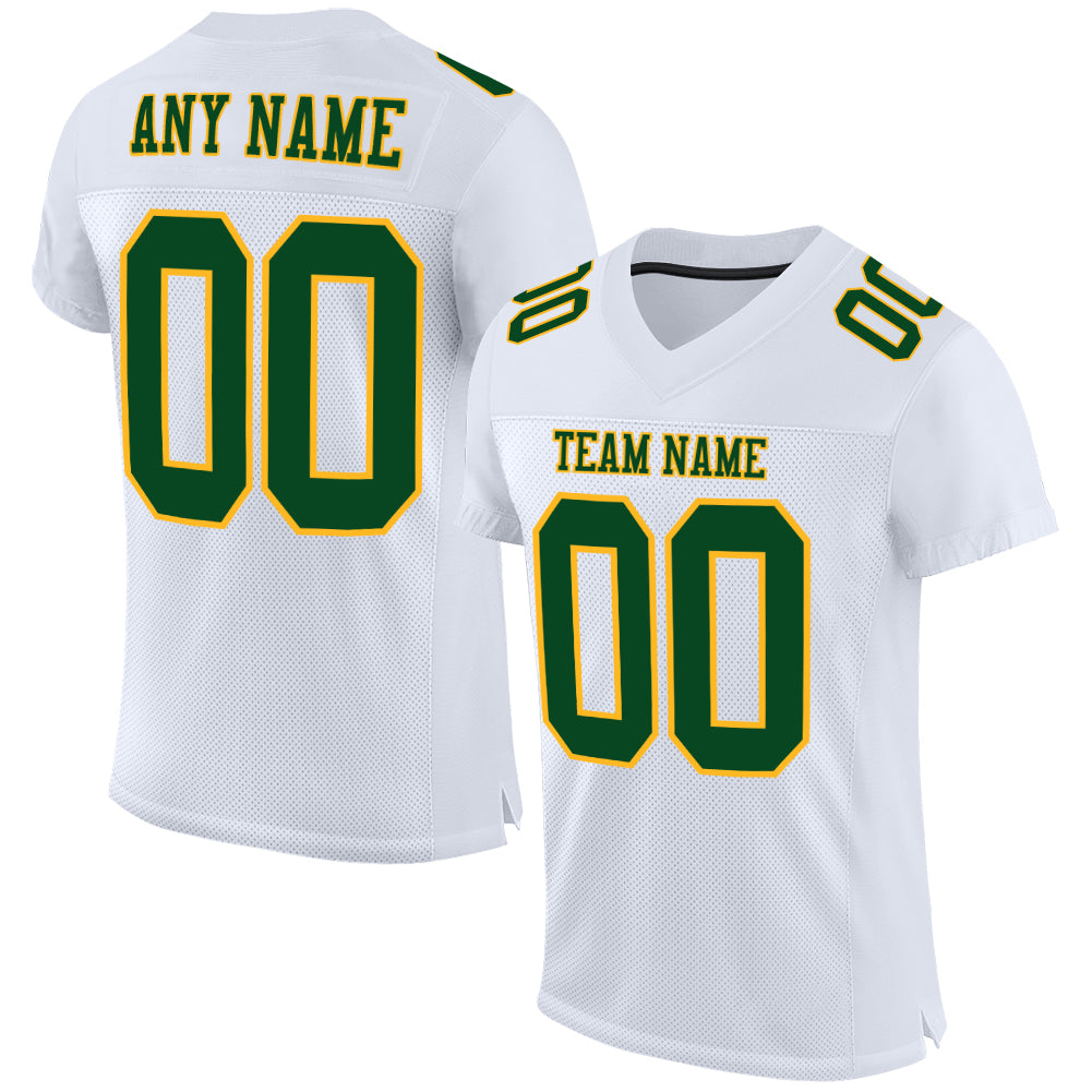 Custom White Green-Gold Mesh Authentic Football Jersey Custom Authentic Football Jersey in White with Green and Gold Mesh Design Custom White Green-Gold Mesh Authentic Football
