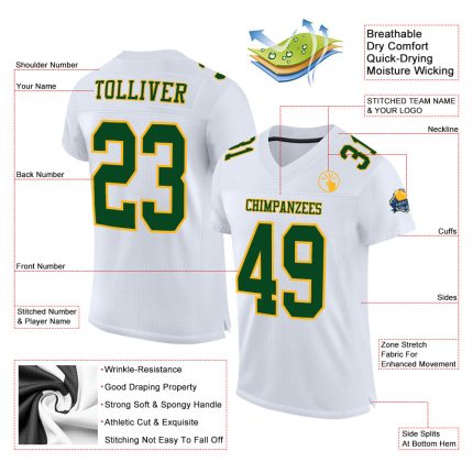 Custom Authentic Football Jersey in White with Green and Gold Mesh Design Custom White Green-Gold Mesh Authentic Football