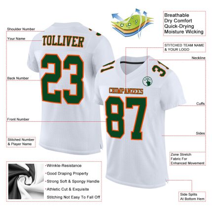 Custom Green-Orange Mesh Football Jersey - Authentic Customizable Design Custom White Green-Orange Mesh Authentic Football