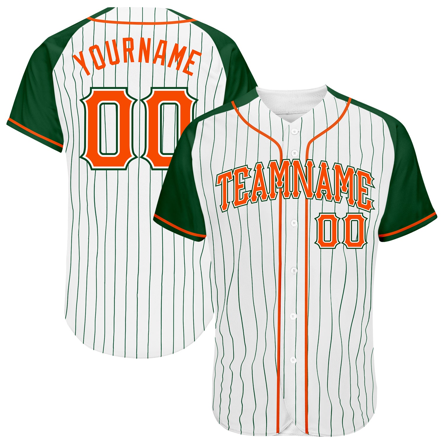 Custom Baseball Jersey Orange Green Pinstripe Raglan Sleeves - Authentic White Green Design Custom White Green Pinstripe