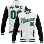 Custom Two Tone Bomber Jacket White Kelly Green Black Full-Snap Varsity Letterman Custom White Kelly Green-Black Bomber Full-Snap