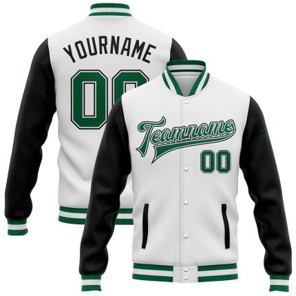Custom Two Tone Bomber Jacket White Kelly Green Black Full-Snap Varsity Letterman Custom White Kelly Green-Black Bomber Full-Snap