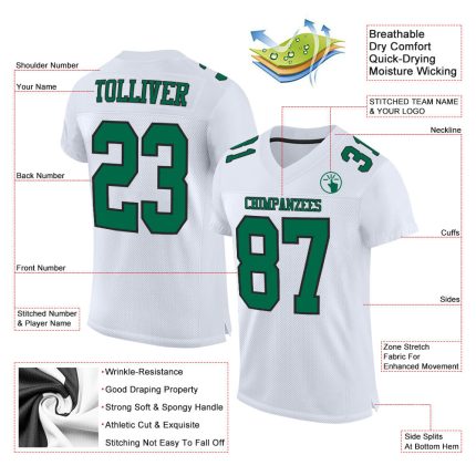Custom Football Jersey - Authentic White Kelly Green and Black Mesh Design Custom White Kelly Green-Black Mesh Authentic