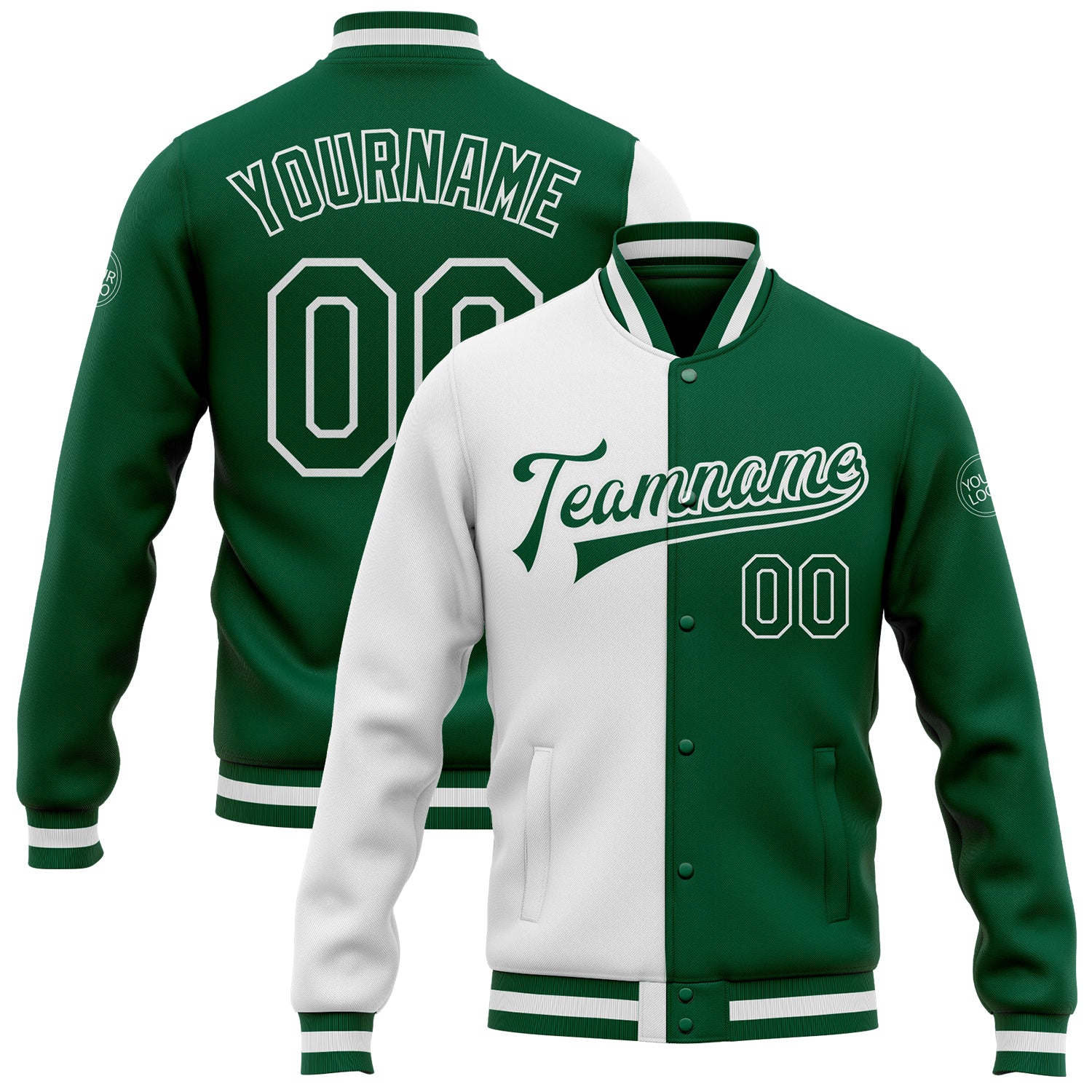 Custom White Kelly Green Bomber Varsity Letterman Full-Snap Fashion Jacket Custom White Kelly Green Bomber Full-Snap Varsity