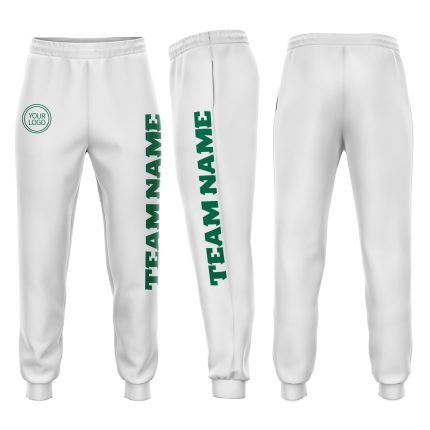 White Kelly Green Fleece Jogger Sweatpants | Custom Comfortable Activewear Custom White Kelly Green Fleece Jogger Sweatpants