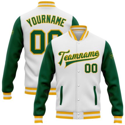 Custom Two Tone Varsity Letterman Jacket Kelly Green Gold Full-Snap Bomber Custom White Kelly Green-Gold Bomber Full-Snap