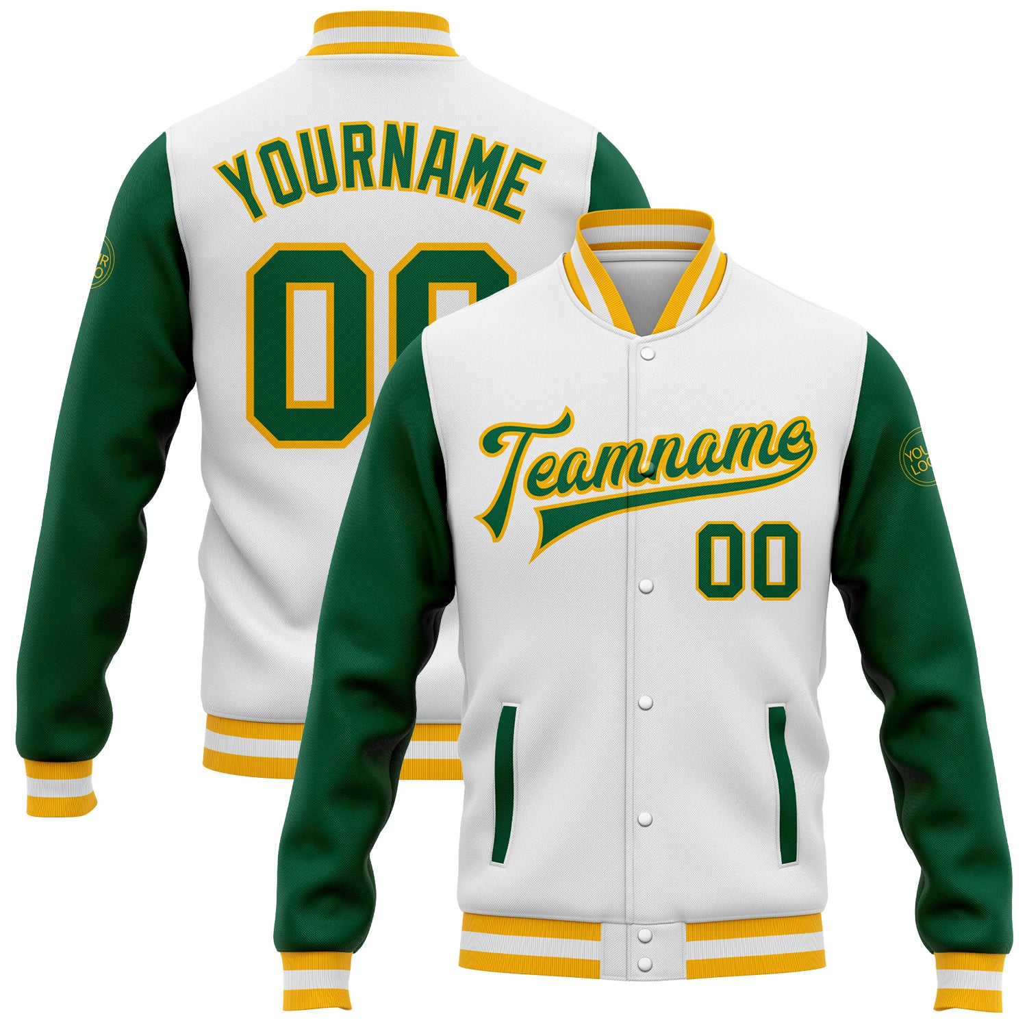 Custom Two Tone Varsity Letterman Jacket Kelly Green Gold Full-Snap Bomber Custom White Kelly Green-Gold Bomber Full-Snap