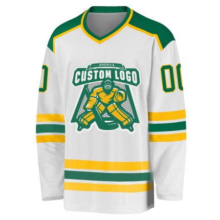 Custom Green and Gold Hockey Jersey - Personalized White Team Jersey Custom White Kelly Green-Gold Hockey Jersey