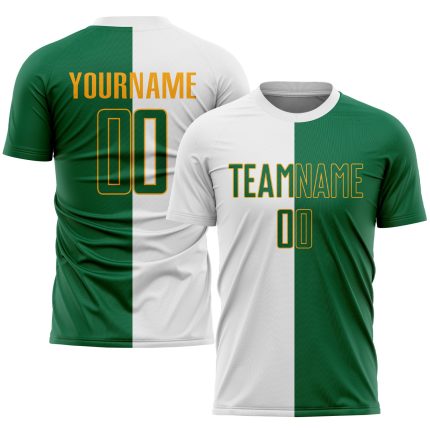 Custom Sublimation Soccer Jersey - White Kelly Green Gold Split Fashion Design Custom White Kelly Green-Gold Sublimation