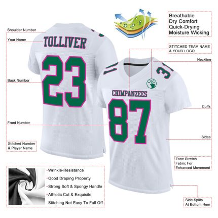 Custom Football Jersey - Authentic White with Kelly Green and Hot Pink Mesh Custom White Kelly Green-Hot Pink Mesh Authentic