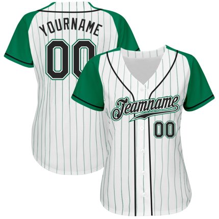 Custom White Kelly Green Pinstripe Baseball Jersey with Black-Kelly Green Authentic Raglan Sleeves Custom White Kelly Green