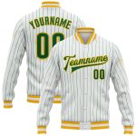 Custom Kelly Green Pinstripe Varsity Letterman Jacket | White-Gold Bomber Full-Snap Design Custom White Kelly Green Pinstripe