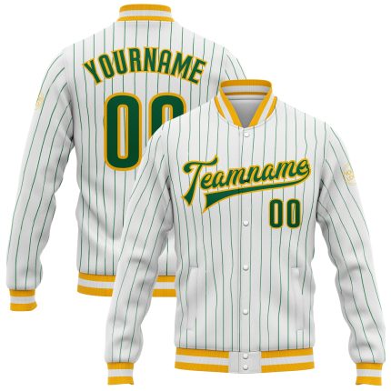 Custom Kelly Green Pinstripe Varsity Letterman Jacket | White-Gold Bomber Full-Snap Design Custom White Kelly Green Pinstripe