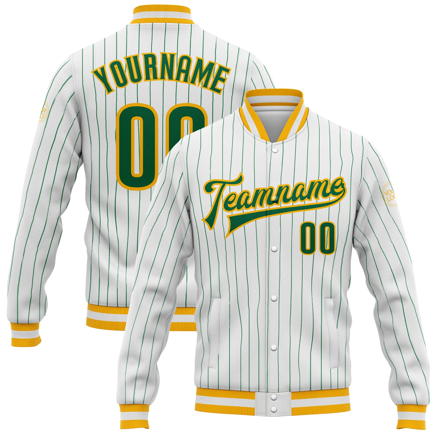 Custom Kelly Green Pinstripe Varsity Letterman Jacket | White-Gold Bomber Full-Snap Design Custom White Kelly Green Pinstripe