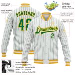 Custom Kelly Green Pinstripe Varsity Letterman Jacket | White-Gold Bomber Full-Snap Design Custom White Kelly Green Pinstripe