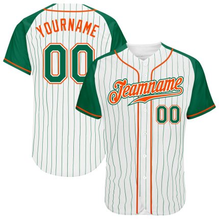 Custom White Kelly Green Orange Pinstripe Baseball Jersey with Authentic Raglan Sleeves Custom White Kelly Green Pinstripe