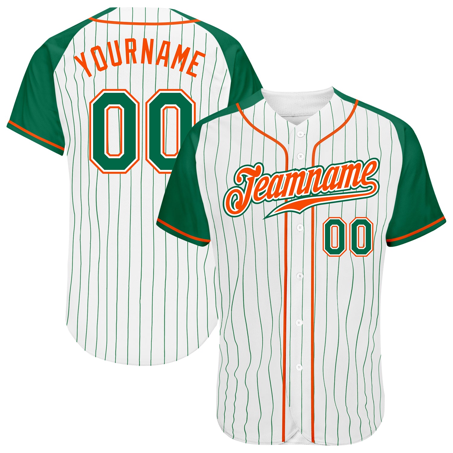Custom White Kelly Green Orange Pinstripe Baseball Jersey with Authentic Raglan Sleeves Custom White Kelly Green Pinstripe