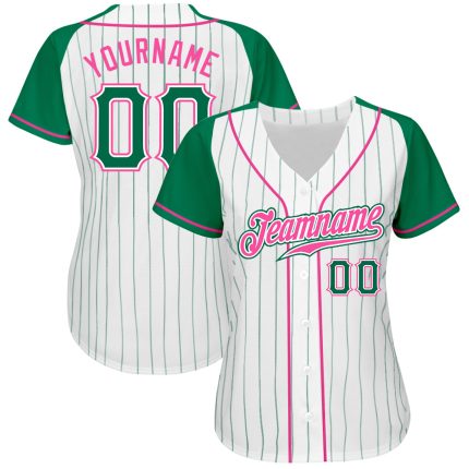 Custom Green and Pink Pinstripe Baseball Jersey with Raglan Sleeves - Authentic Design Custom White Kelly Green Pinstripe