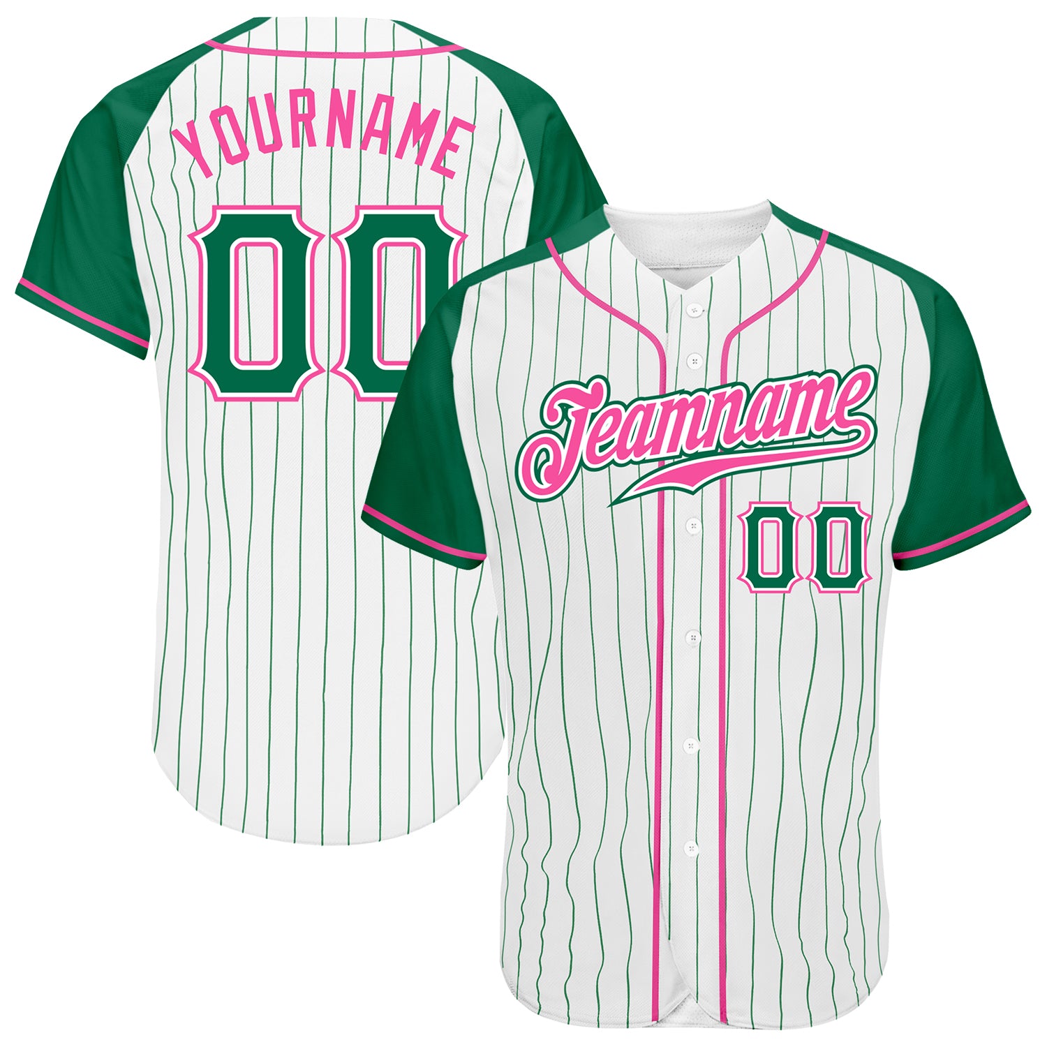 Custom White Kelly Green Pinstripe Kelly Green-Pink Authentic Raglan Sleeves Baseball Jersey Custom Green and Pink Pinstripe Baseball Jersey with Raglan Sleeves - Authentic Design Custom White Kelly Green Pinstripe