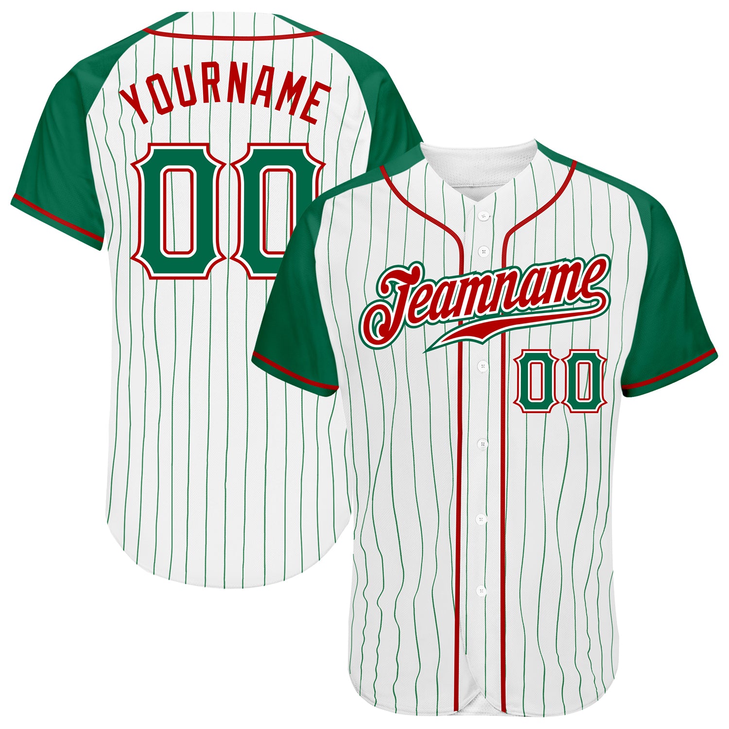 Custom Kelly Green Pinstripe Baseball Jersey with Red Raglan Sleeves, Authentic Design Custom White Kelly Green Pinstripe