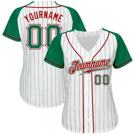 Custom Kelly Green Pinstripe Baseball Jersey with Red Raglan Sleeves, Authentic Design Custom White Kelly Green Pinstripe