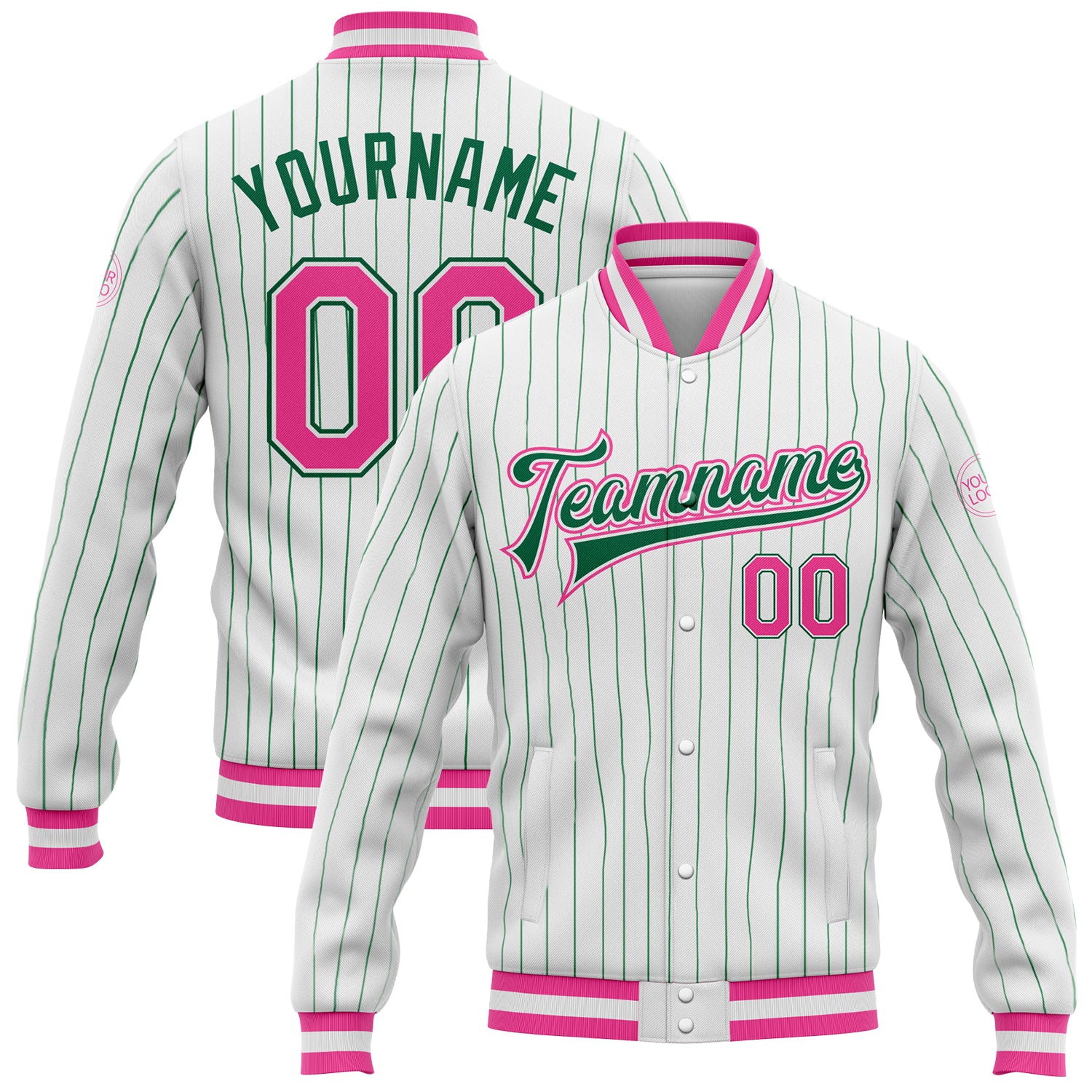Custom Varsity Bomber Jacket Pink and Kelly Green Pinstripe Full-Snap Letterman Jacket Custom White Kelly Green Pinstripe