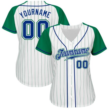 Custom Kelly Green Pinstripe Baseball Jersey | Authentic Raglan Sleeves Custom White Kelly Green Pinstripe Royal-Kelly Green