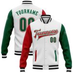 Custom Kelly Green Red Two Tone Varsity Letterman Bomber Full-Snap Jacket Custom White Kelly Green-Red Bomber Full-Snap Varsity