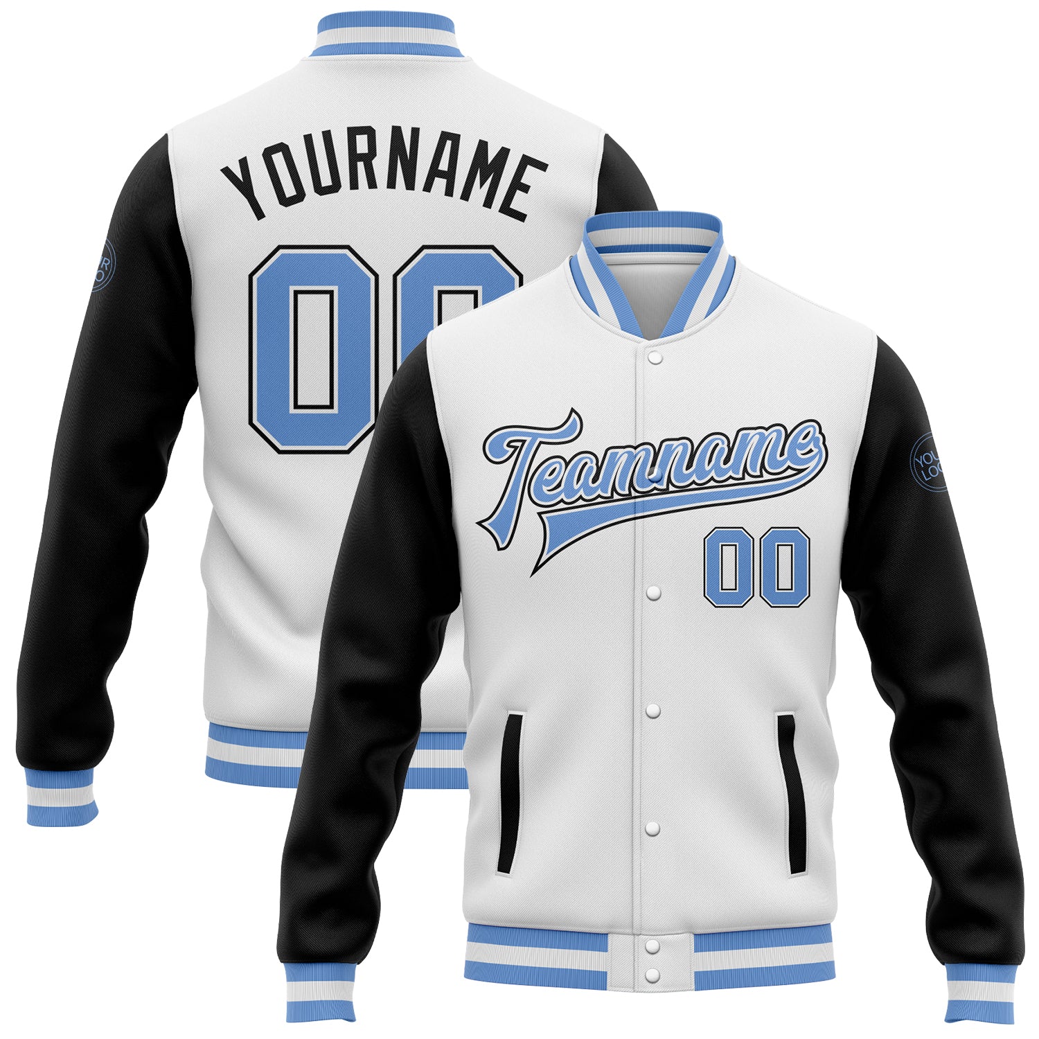 Custom Bomber Jacket Light Blue Black Two Tone Full-Snap Varsity Letterman Custom White Light Blue-Black Bomber Full-Snap