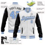 Custom Bomber Jacket Light Blue Black Two Tone Full-Snap Varsity Letterman Custom White Light Blue-Black Bomber Full-Snap