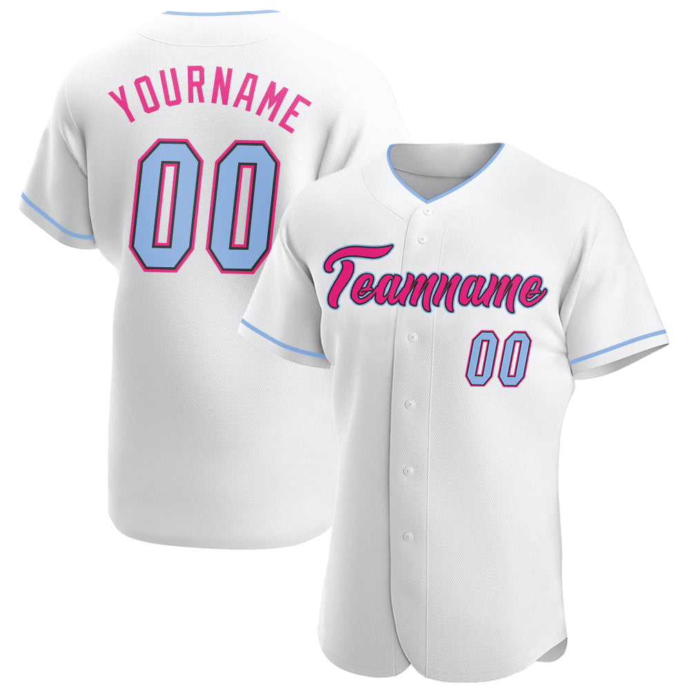 Custom Baseball Jersey Light Blue Black Hot Pink Authentic Style 3313 Custom White Light Blue Black-Hot Pink Authentic Baseball