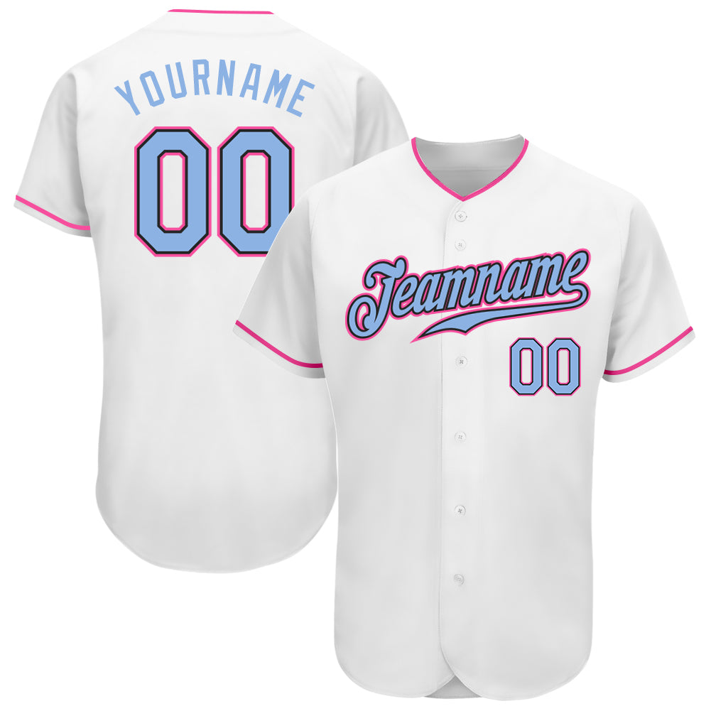 Custom White Light Blue Black-Pink Authentic Baseball Jersey Authentic Baseball Jersey Custom White Light Blue Black Pink Design Custom White Light Blue Black-Pink Authentic Baseball
